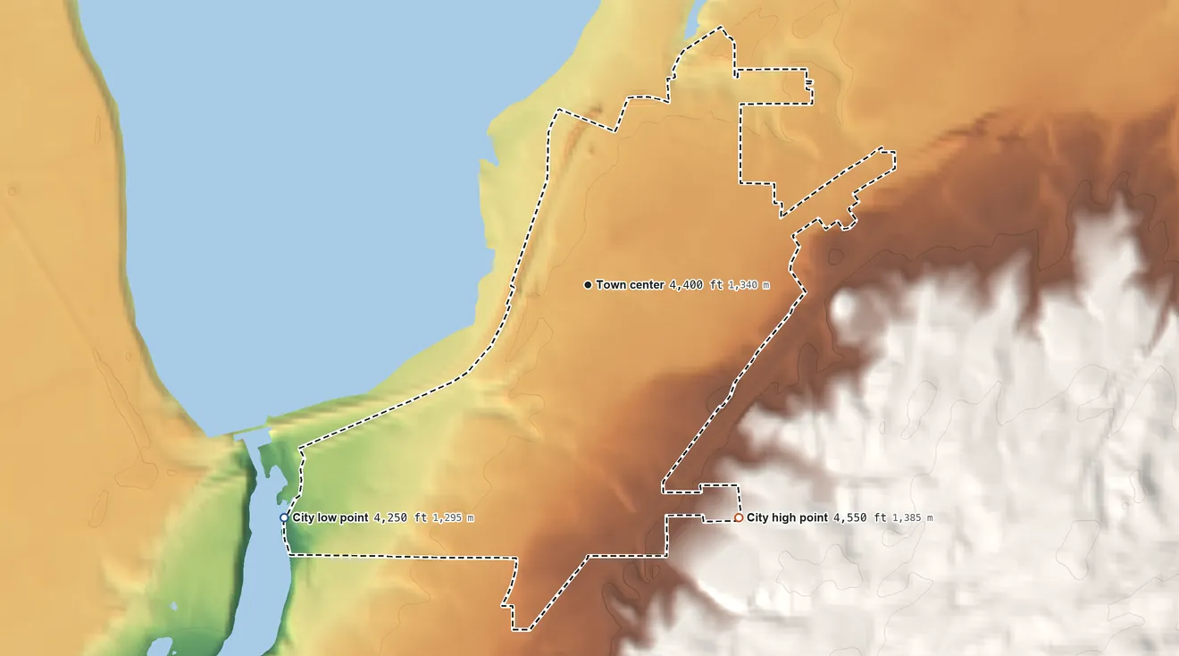 Topographic elevation map of American Falls, Idaho, shaded from 4,250 ft on the southwest side to 4,550 ft on the southeast edge, below higher ground just outside