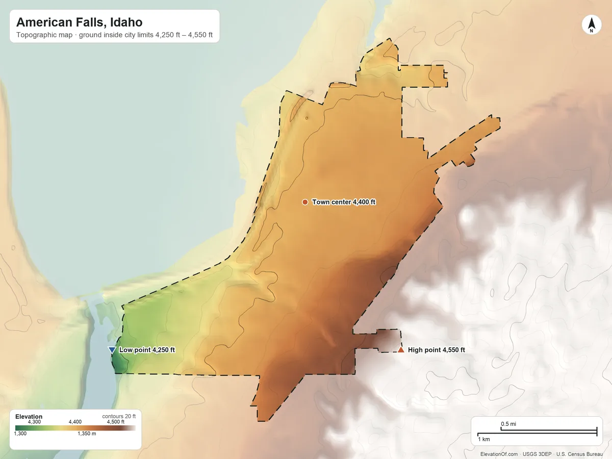 Topographic elevation map of American Falls, Idaho, shaded from 4,250 ft on the southwest side to 4,550 ft on the southeast edge, below higher ground just outside