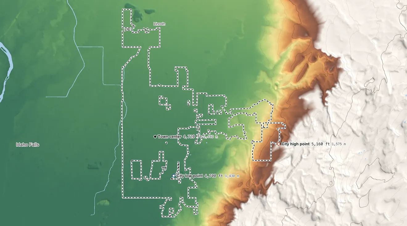 Topographic elevation map of Ammon, Idaho, shaded from 4,700 ft on the southeast side to 5,160 ft at the foot of the Sand Hills