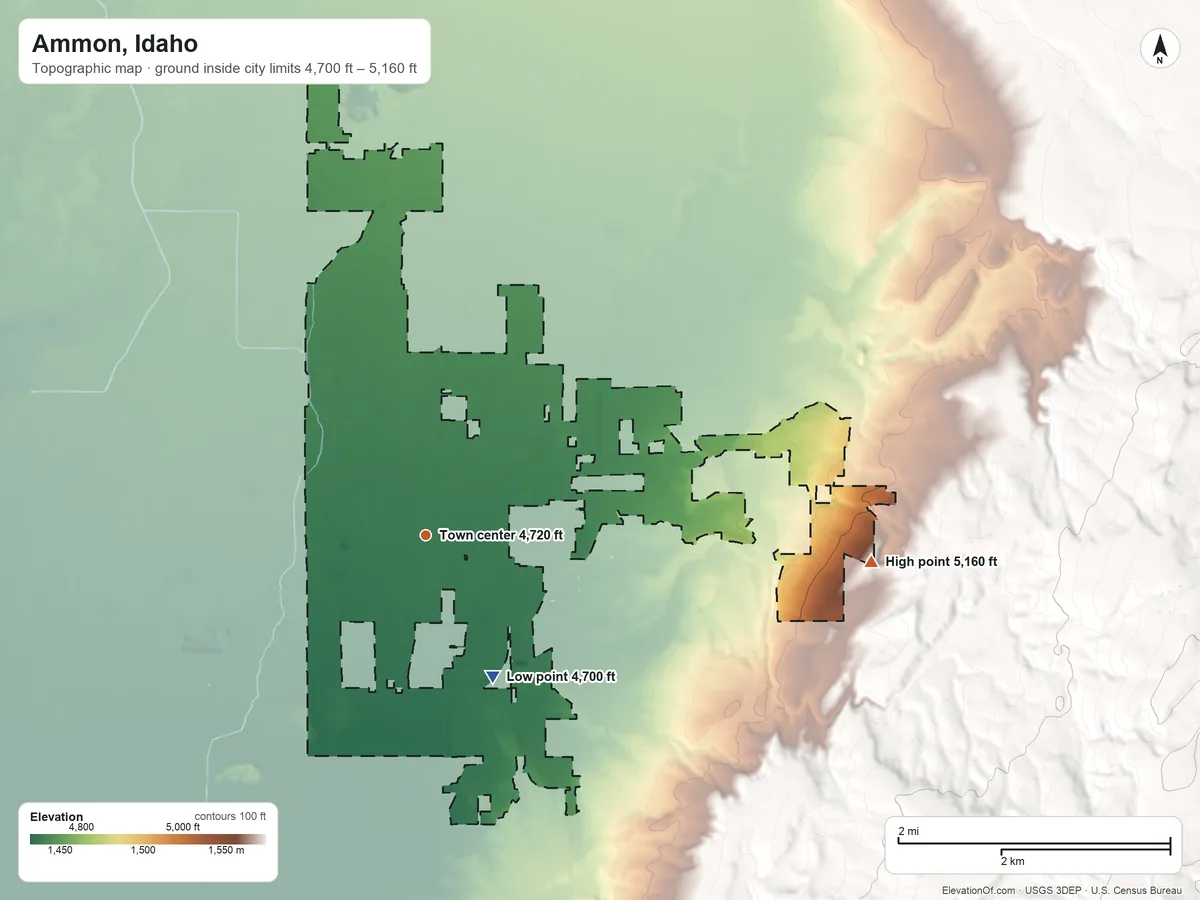 Topographic elevation map of Ammon, Idaho, shaded from 4,700 ft on the southeast side to 5,160 ft at the foot of the Sand Hills
