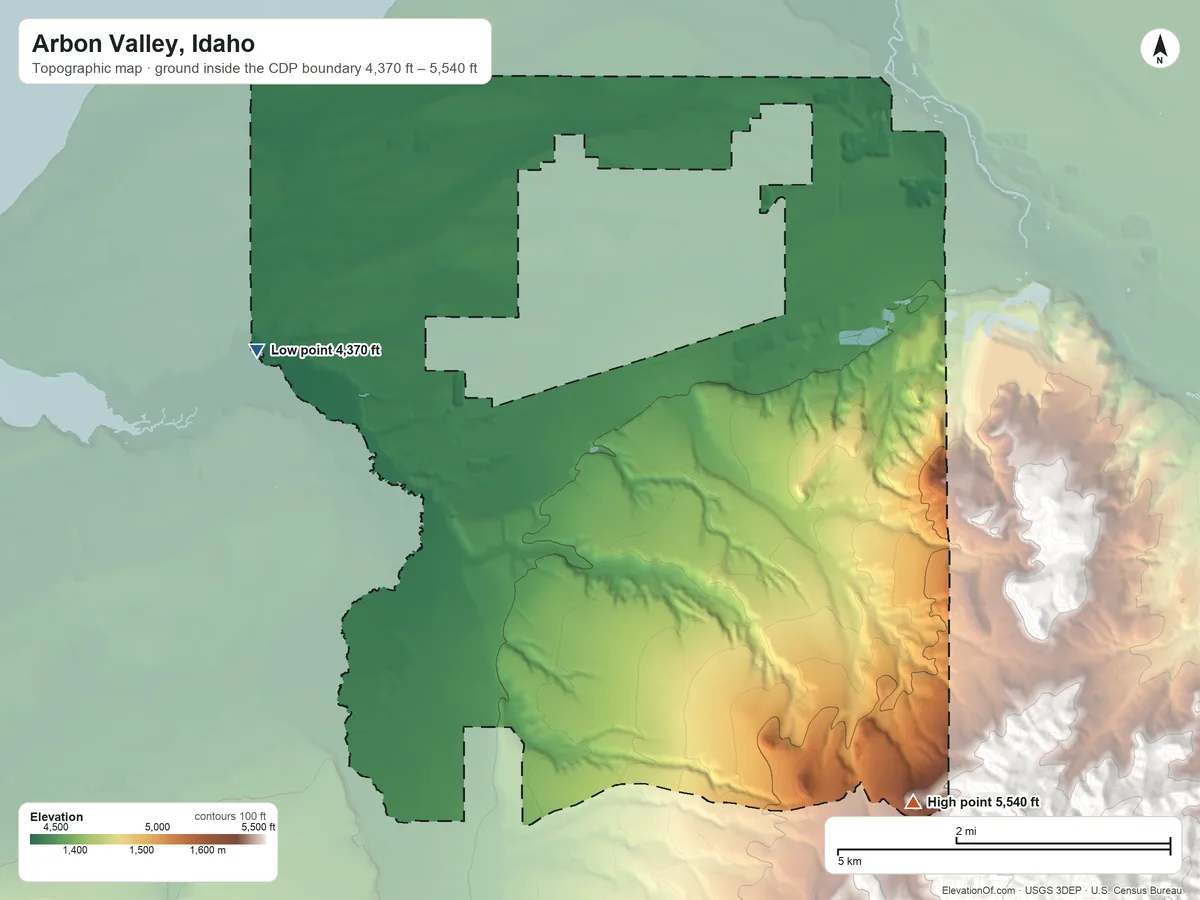 Topographic elevation map of Arbon Valley, Idaho, shaded from 4,370 ft on the west side to 5,540 ft at the foot of the Pocatello Range