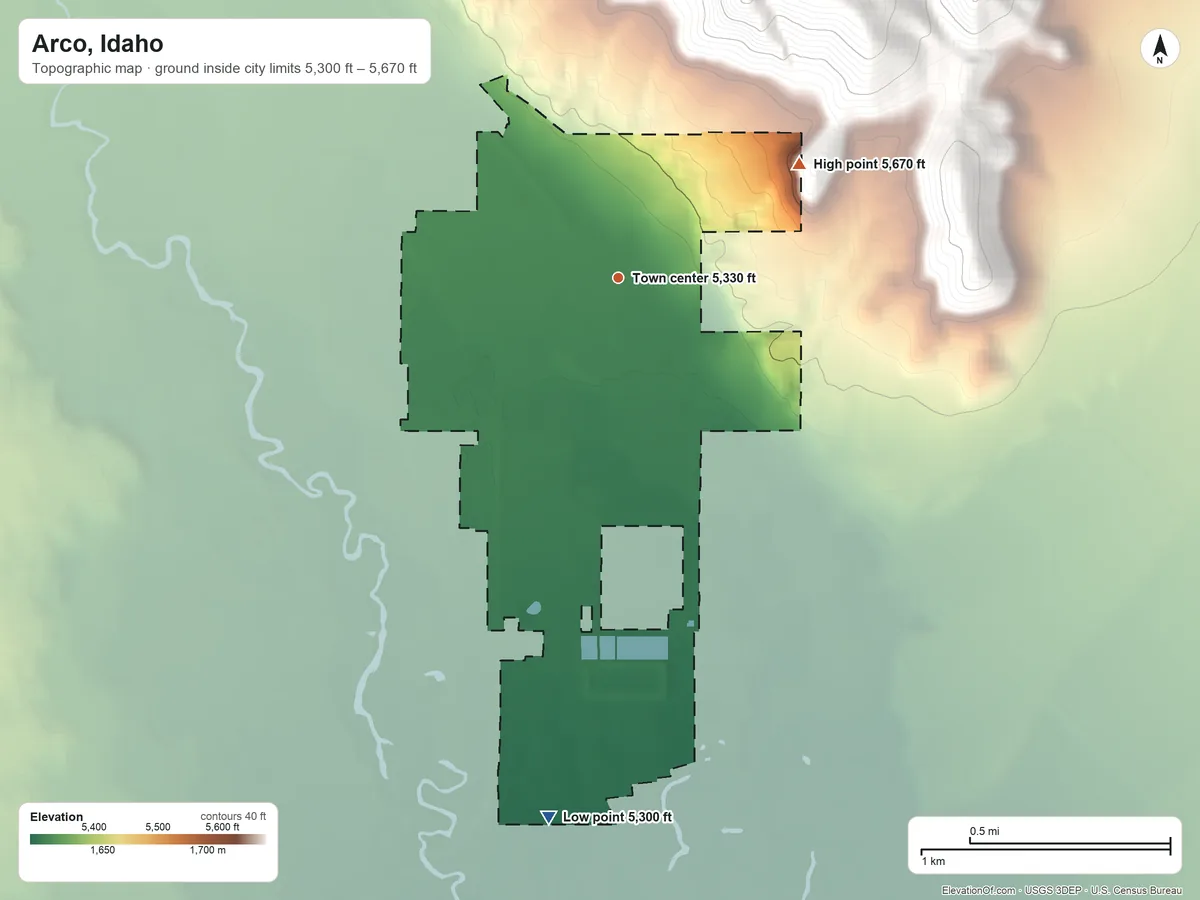 Topographic elevation map of Arco, Idaho, shaded from 5,300 ft on the south side to 5,670 ft at the foot of the Arco Hills
