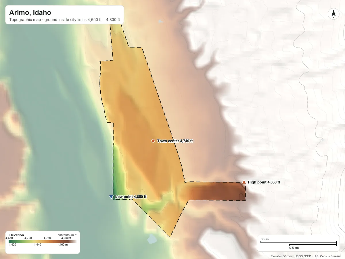 Topographic elevation map of Arimo, Idaho, shaded from 4,650 ft on the southwest side to 4,830 ft at the foot of the Bannock Range