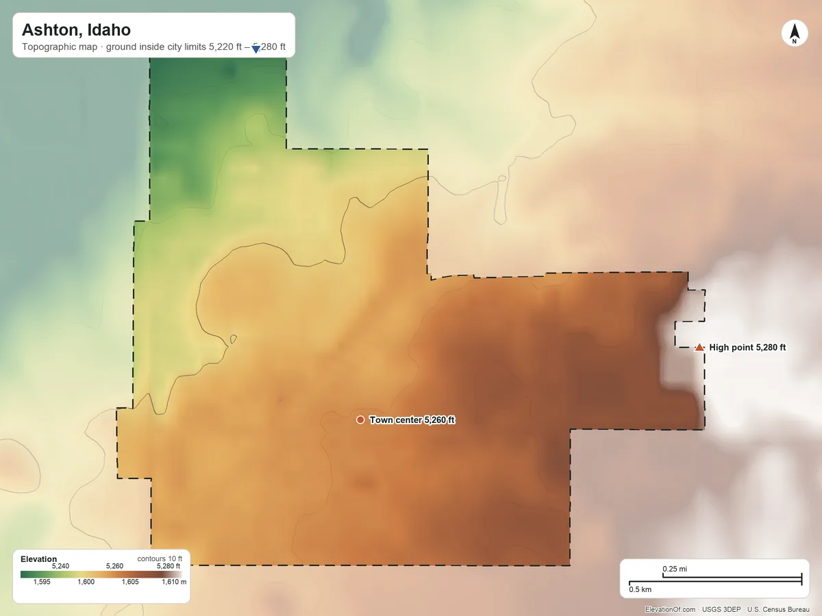 Topographic elevation map of Ashton, Idaho, shaded from 5,220 ft on the north side to 5,280 ft on the east side