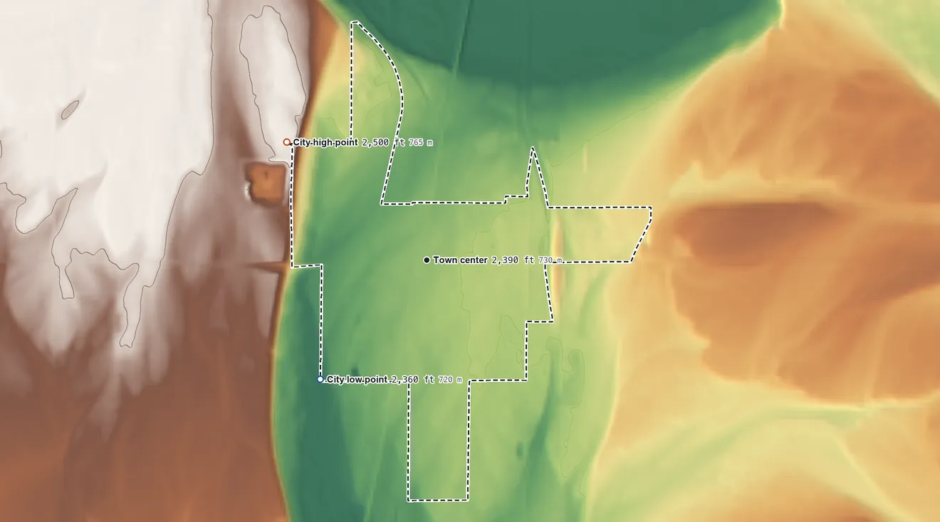 Topographic elevation map of Athol, Idaho, shaded from 2,360 ft on the southwest side to 2,500 ft on the northwest side