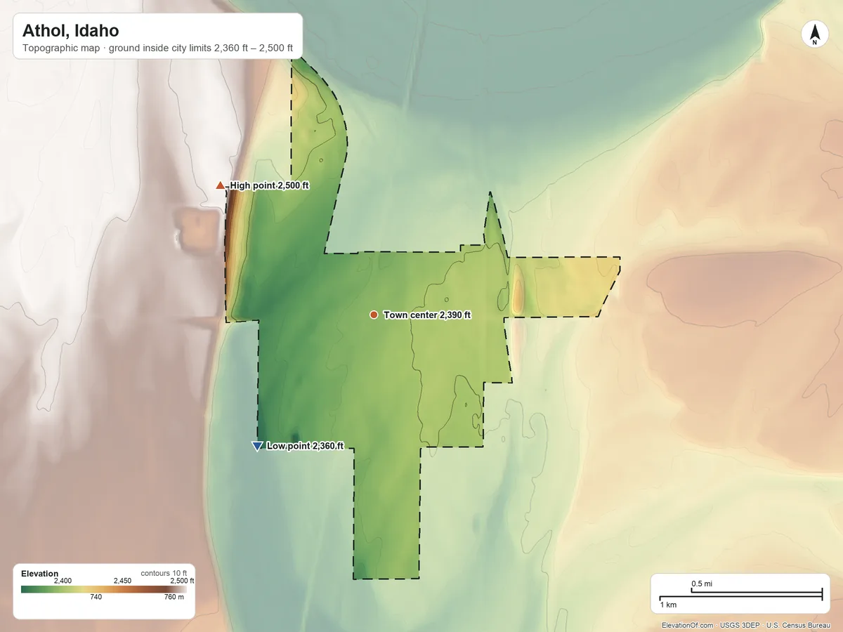 Topographic elevation map of Athol, Idaho, shaded from 2,360 ft on the southwest side to 2,500 ft on the northwest side