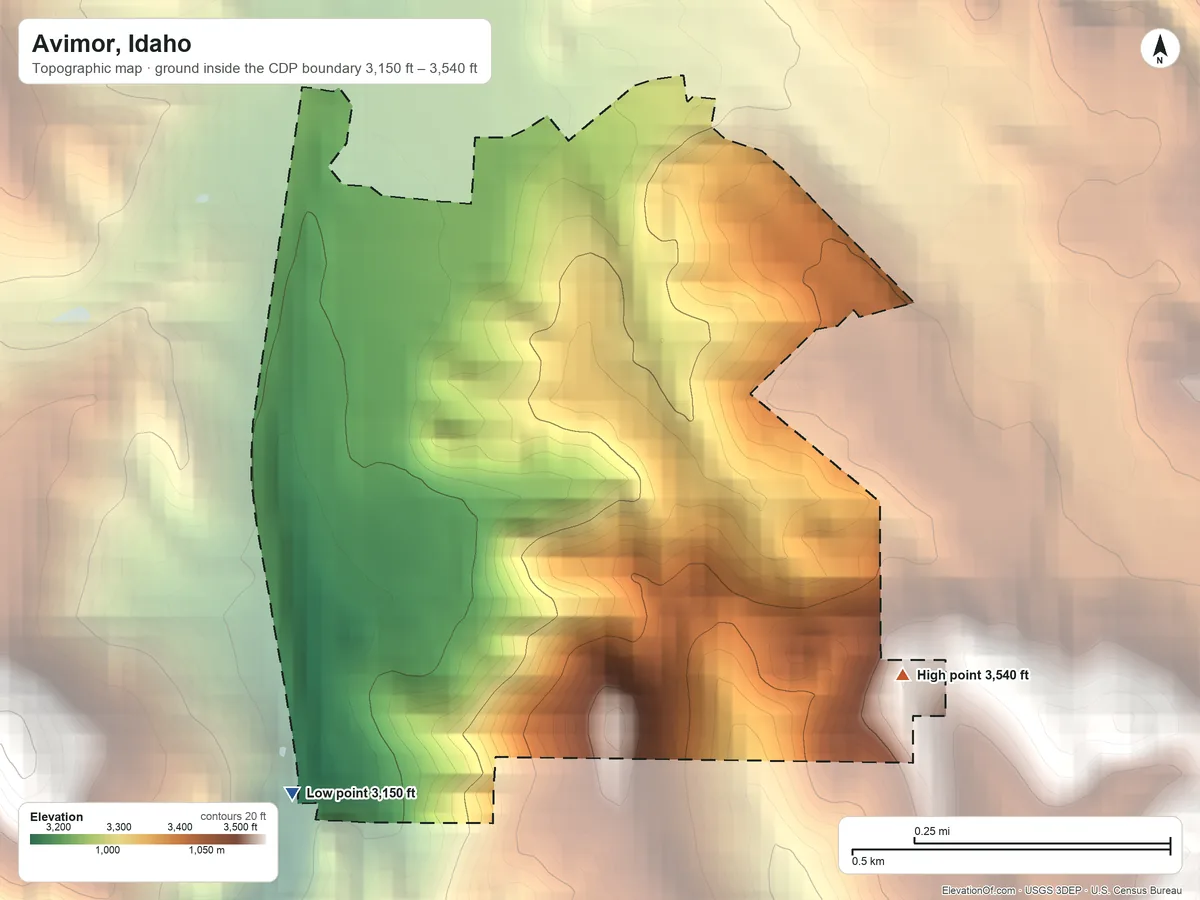 Topographic elevation map of Avimor, Idaho, shaded from 3,150 ft on the southwest side to 3,540 ft on the southeast edge, below higher ground just outside