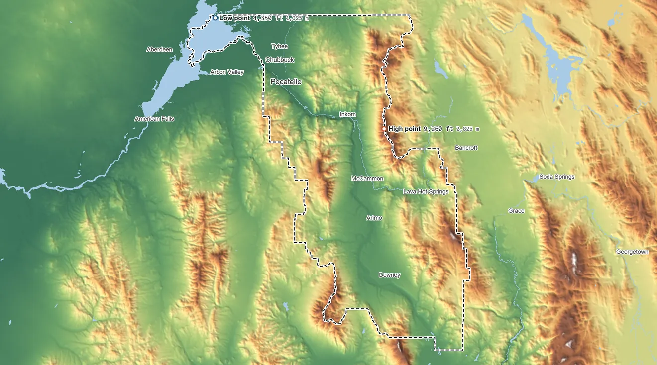 Topographic elevation map of Bannock County, Idaho, shaded from 4,350 ft on the northwest side to 9,260 ft on Bonneville Peak