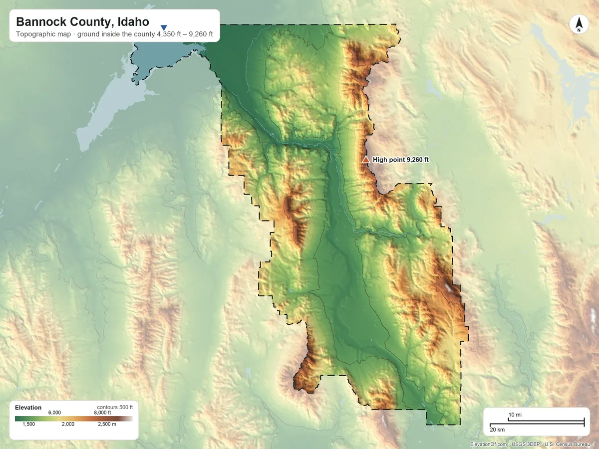 Topographic elevation map of Bannock County, Idaho, shaded from 4,350 ft on the northwest side to 9,260 ft on Bonneville Peak