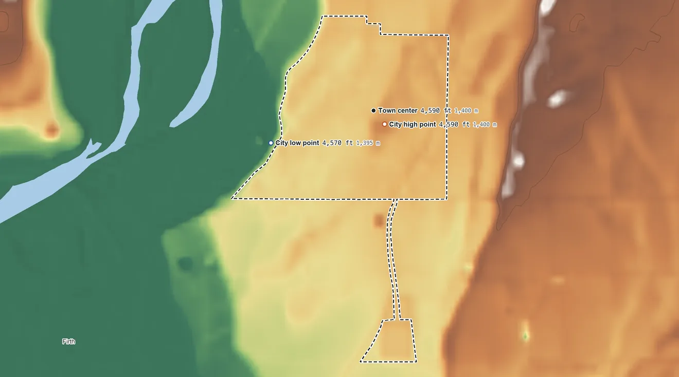 Topographic elevation map of Basalt, Idaho, shaded from 4,570 ft on the west side to 4,590 ft near the middle