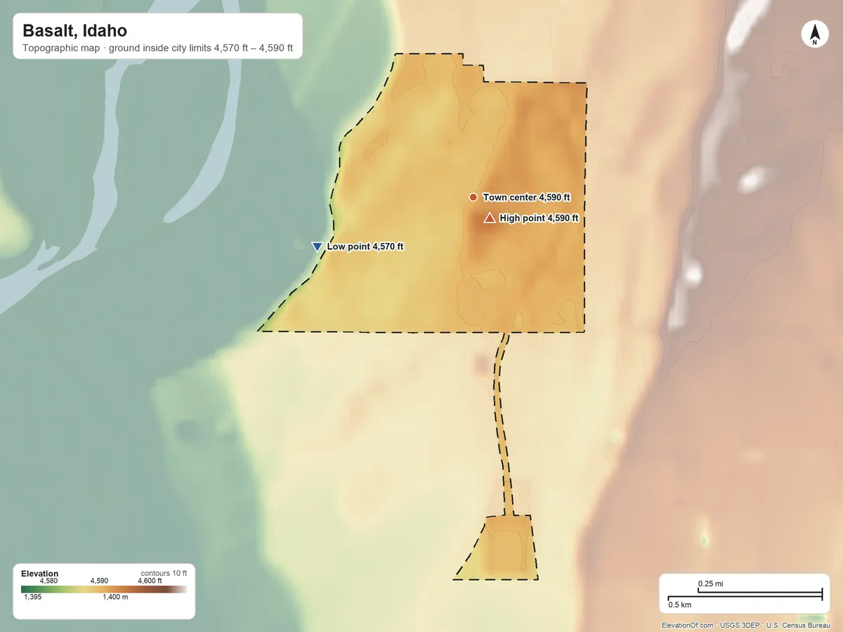 Topographic elevation map of Basalt, Idaho, shaded from 4,570 ft on the west side to 4,590 ft near the middle