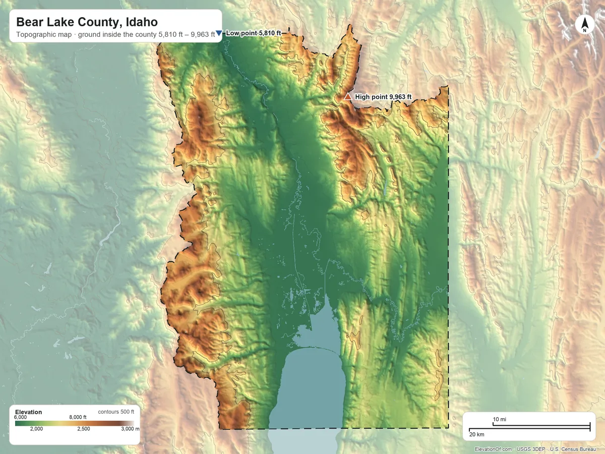 Topographic elevation map of Bear Lake County, Idaho, shaded from 5,810 ft on the northwest side to 9,963 ft on Meade Peak