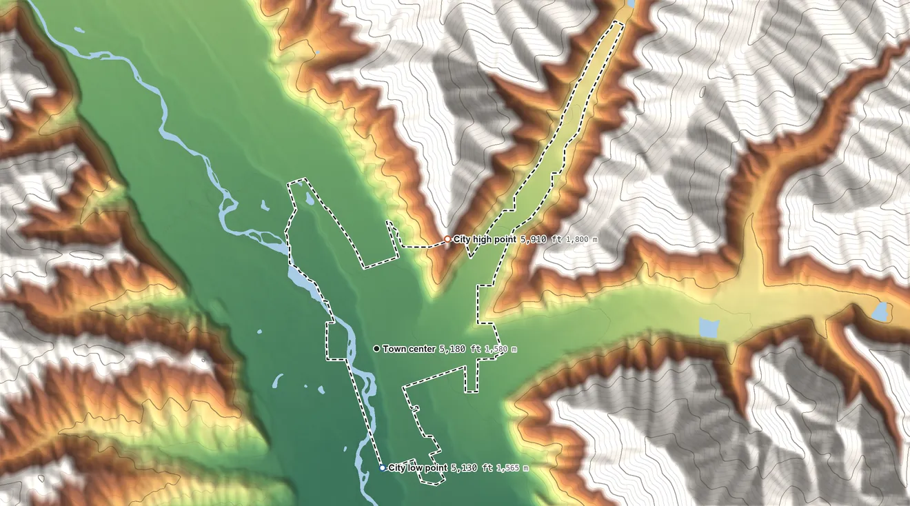 Topographic elevation map of Bellevue, Idaho, shaded from 5,130 ft on the south side to 5,910 ft at the foot of the Timmerman Hills