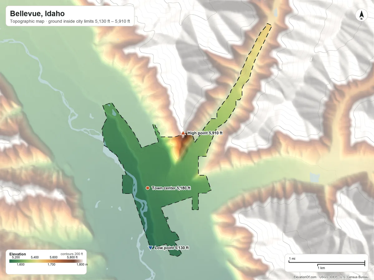 Topographic elevation map of Bellevue, Idaho, shaded from 5,130 ft on the south side to 5,910 ft at the foot of the Timmerman Hills