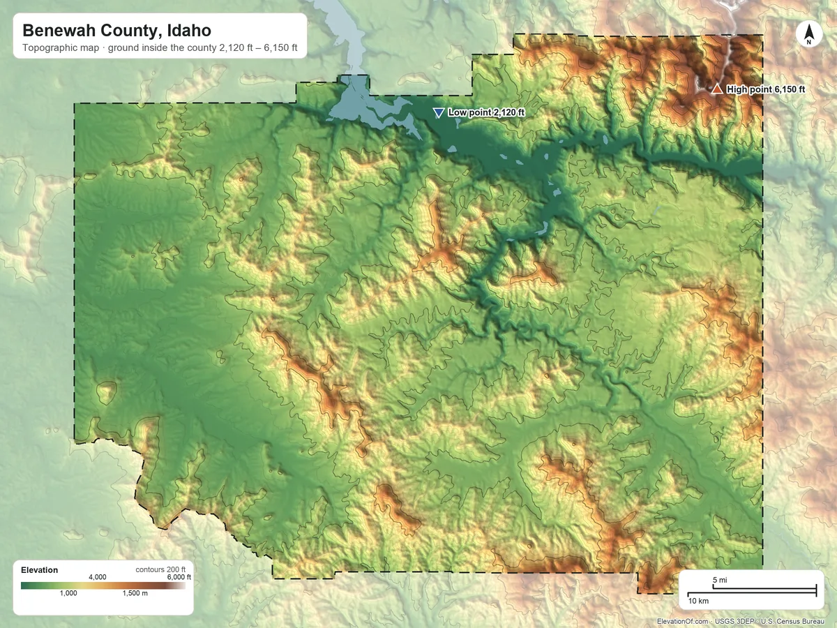 Topographic elevation map of Benewah County, Idaho, shaded from 2,120 ft on the north side to 6,150 ft on Reeds Baldy