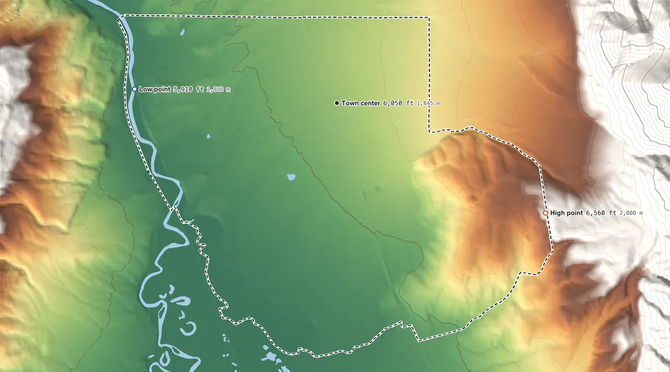 Topographic elevation map of Bennington, Idaho, shaded from 5,910 ft on the west side to 6,560 ft at the foot of the Sheep Creek Hills