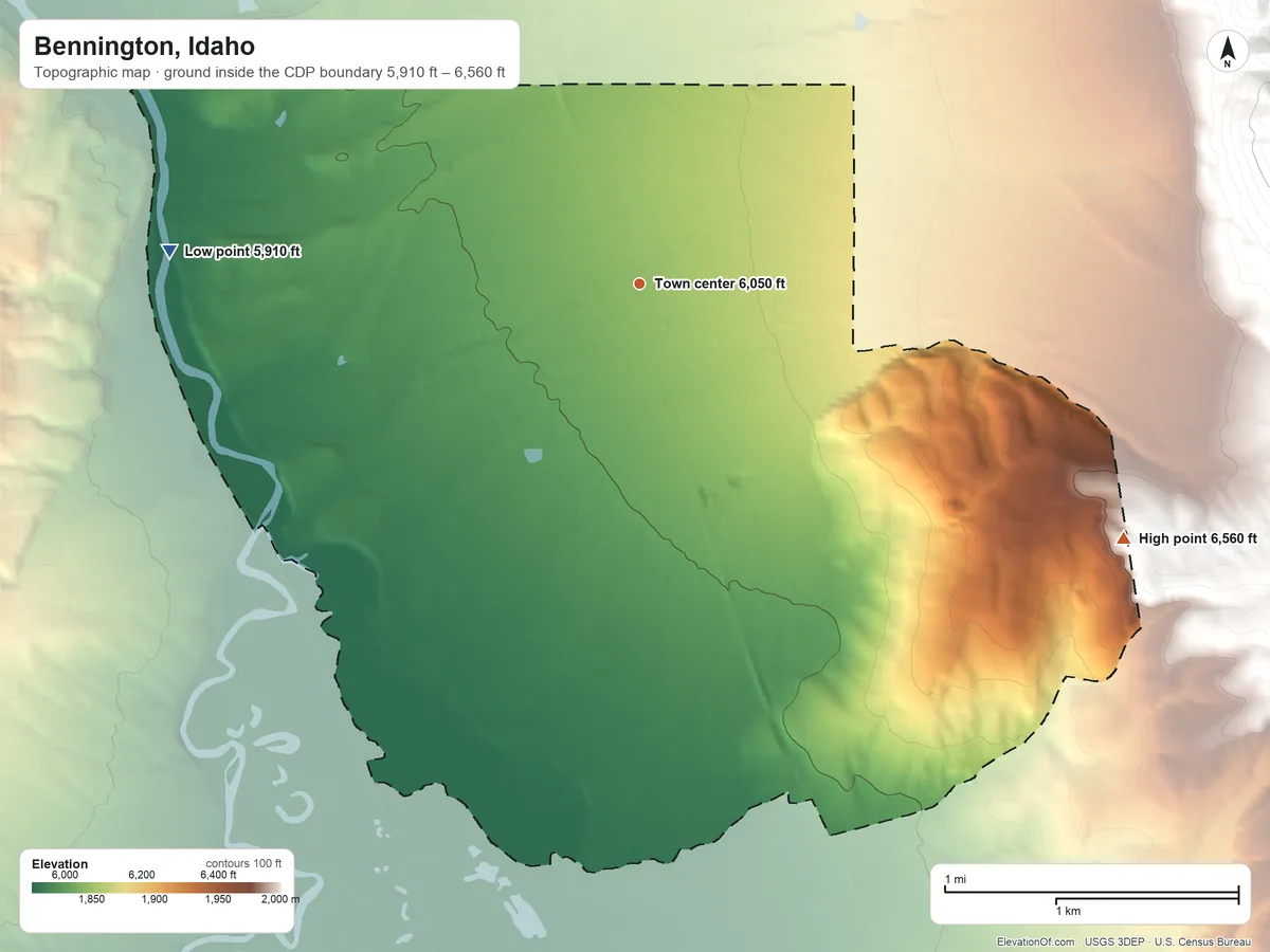 Topographic elevation map of Bennington, Idaho, shaded from 5,910 ft on the west side to 6,560 ft at the foot of the Sheep Creek Hills