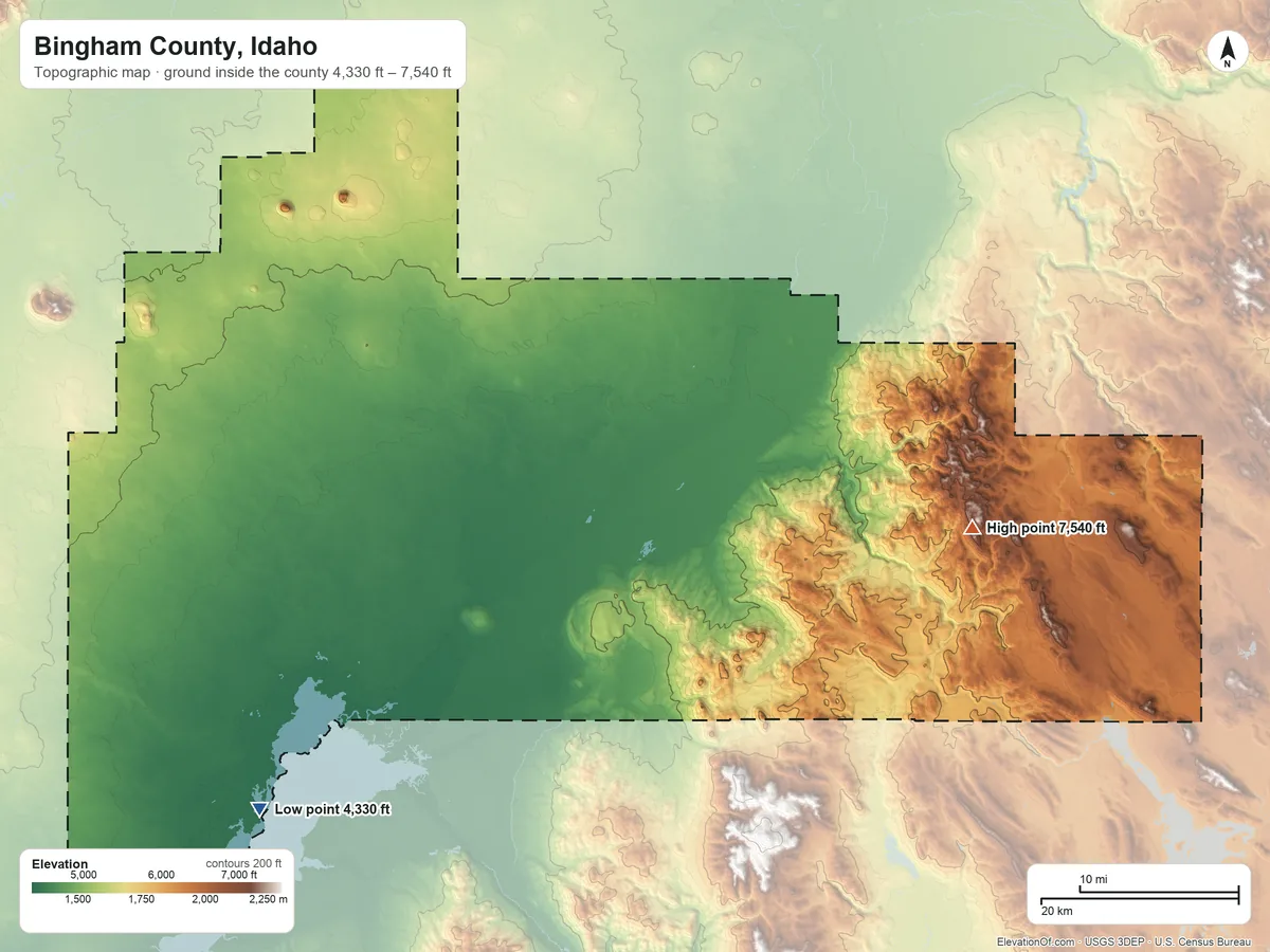 Topographic elevation map of Bingham County, Idaho, shaded from 4,330 ft on the southwest side to 7,540 ft on the east side