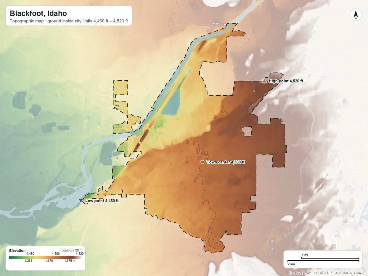 Topographic elevation map of Blackfoot, Idaho, shaded from 4,460 ft on the west side to 4,520 ft on the northeast side