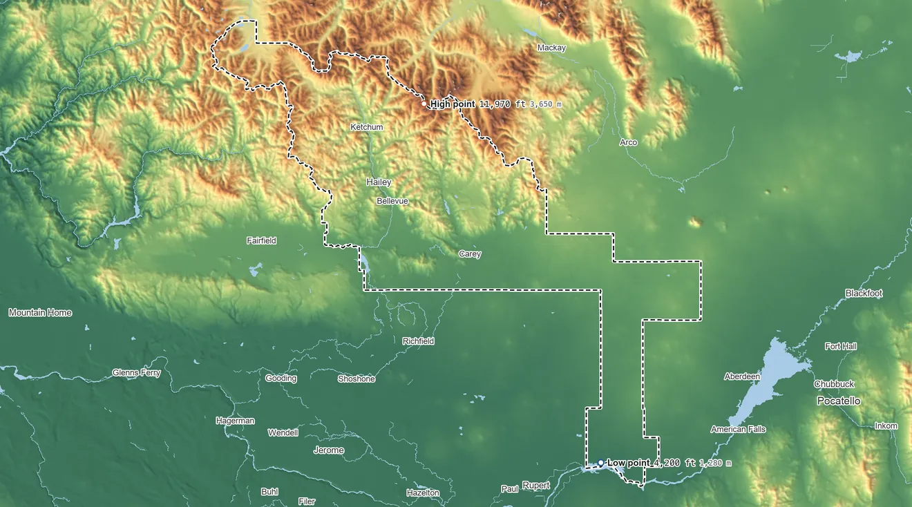 Topographic elevation map of Blaine County, Idaho, shaded from 4,200 ft on the southeast side to 11,970 ft on Hyndman Peak