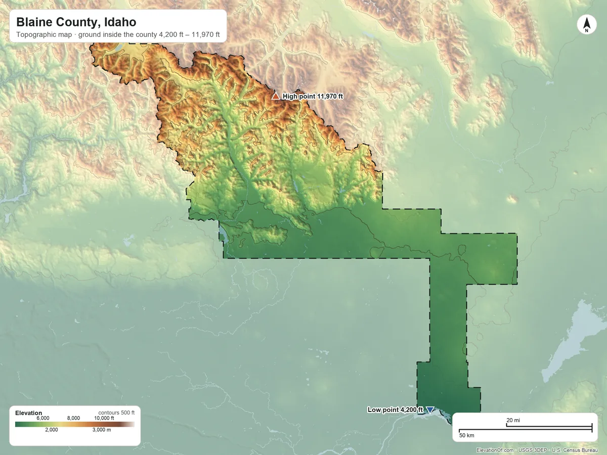 Topographic elevation map of Blaine County, Idaho, shaded from 4,200 ft on the southeast side to 11,970 ft on Hyndman Peak