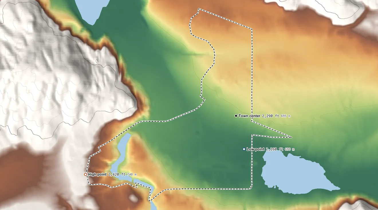 Topographic elevation map of Blanchard, Idaho, shaded from 2,260 ft on the south side to 2,420 ft on the west edge, below higher ground just outside