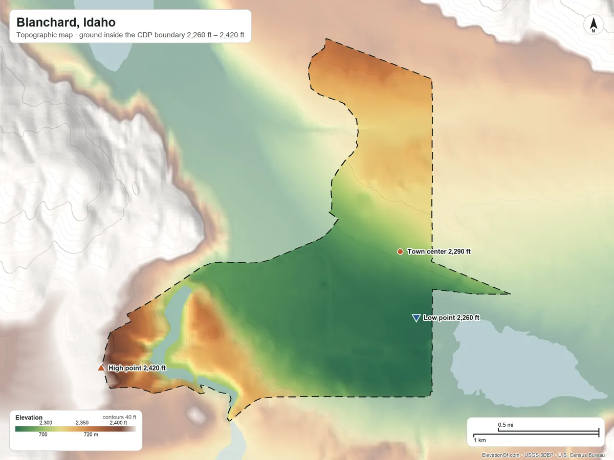 Topographic elevation map of Blanchard, Idaho, shaded from 2,260 ft on the south side to 2,420 ft on the west edge, below higher ground just outside