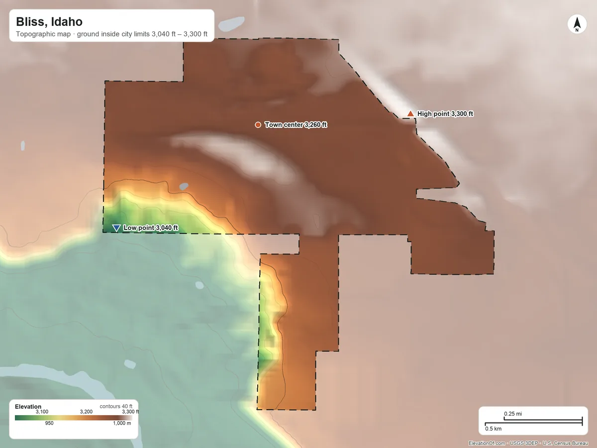 Topographic elevation map of Bliss, Idaho, shaded from 3,040 ft on the southwest side to 3,300 ft on the east side