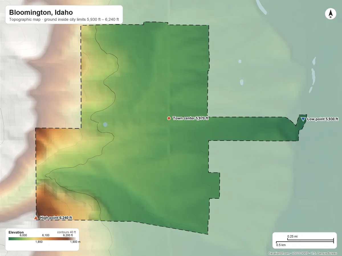 Topographic elevation map of Bloomington, Idaho, shaded from 5,930 ft on the east side to 6,240 ft at the foot of the Sheep Creek Hills