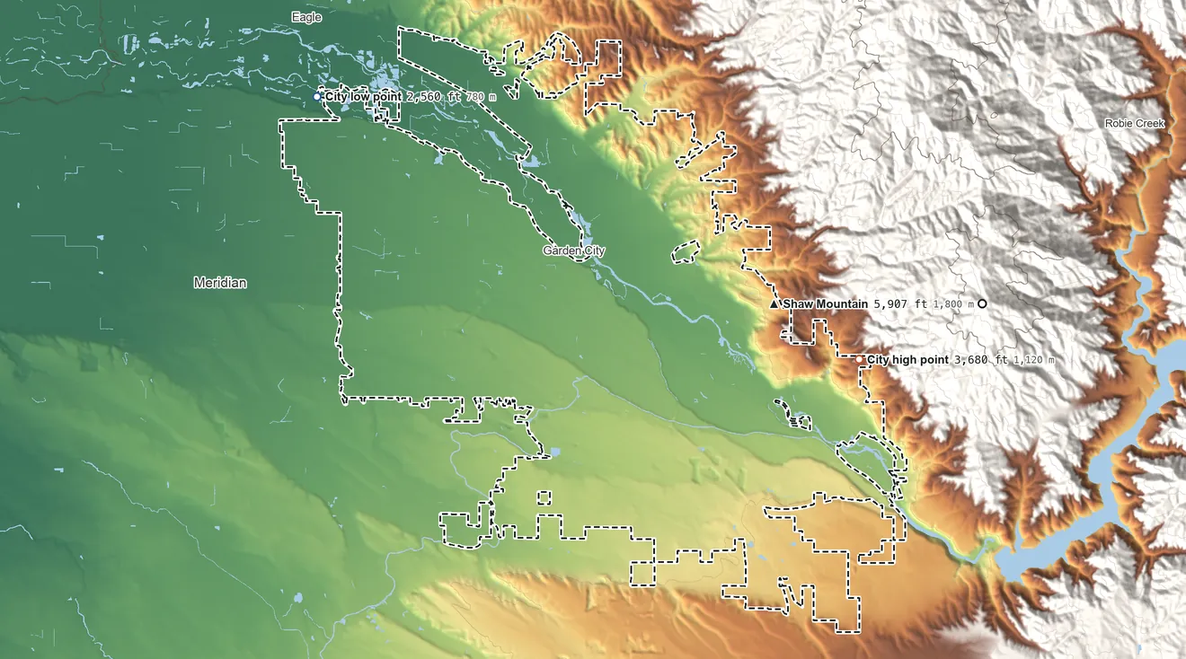 Topographic elevation map of Boise City, Idaho, shaded from 2,560 ft on the northwest side to 3,680 ft on the east edge, below higher ground just outside