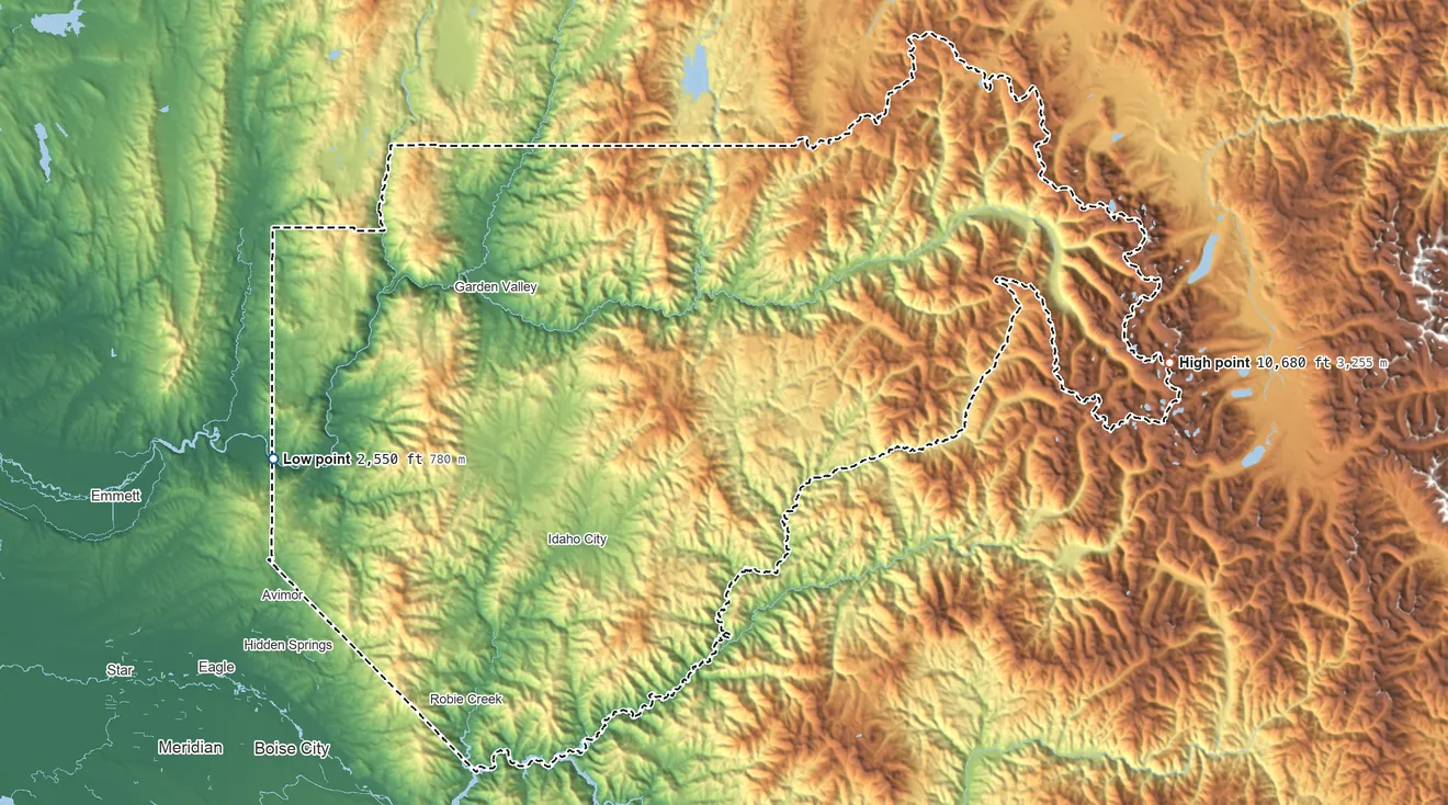 Topographic elevation map of Boise County, Idaho, shaded from 2,550 ft on the west side to 10,680 ft on Mount Cramer