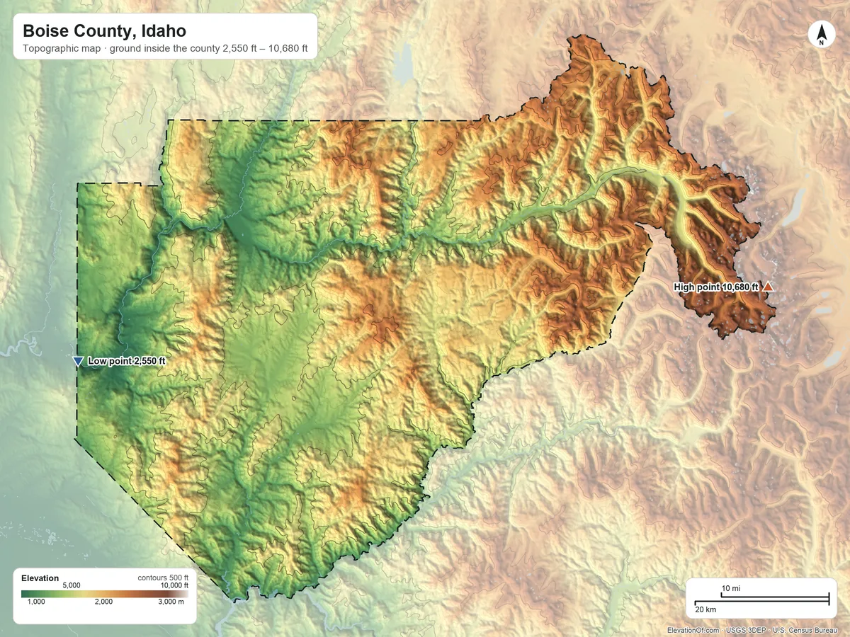Topographic elevation map of Boise County, Idaho, shaded from 2,550 ft on the west side to 10,680 ft on Mount Cramer