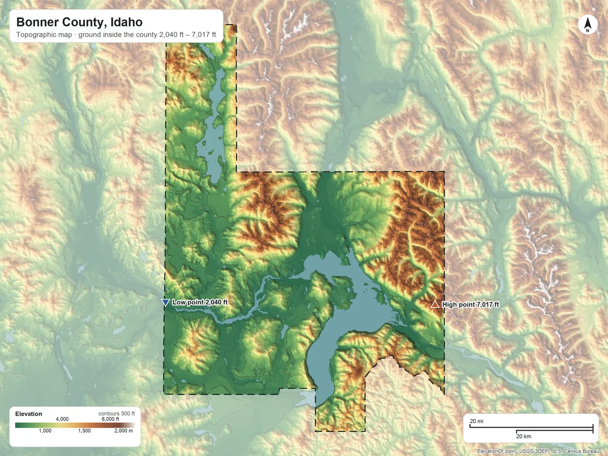 Topographic elevation map of Bonner County, Idaho, shaded from 2,040 ft on the southwest side to 7,017 ft on Scotchman Peak