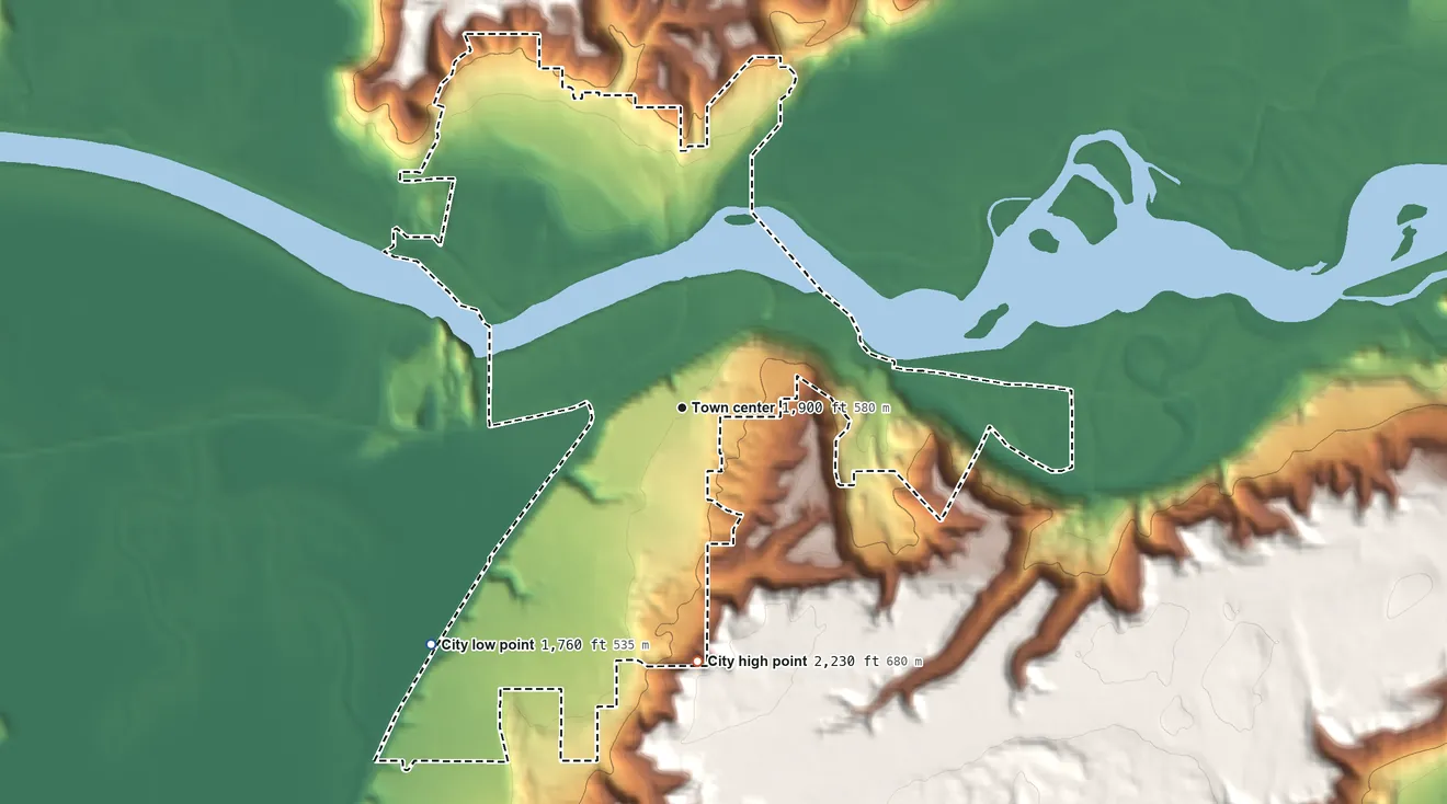 Topographic elevation map of Bonners Ferry, Idaho, shaded from 1,760 ft on the southwest side to 2,230 ft on the south side
