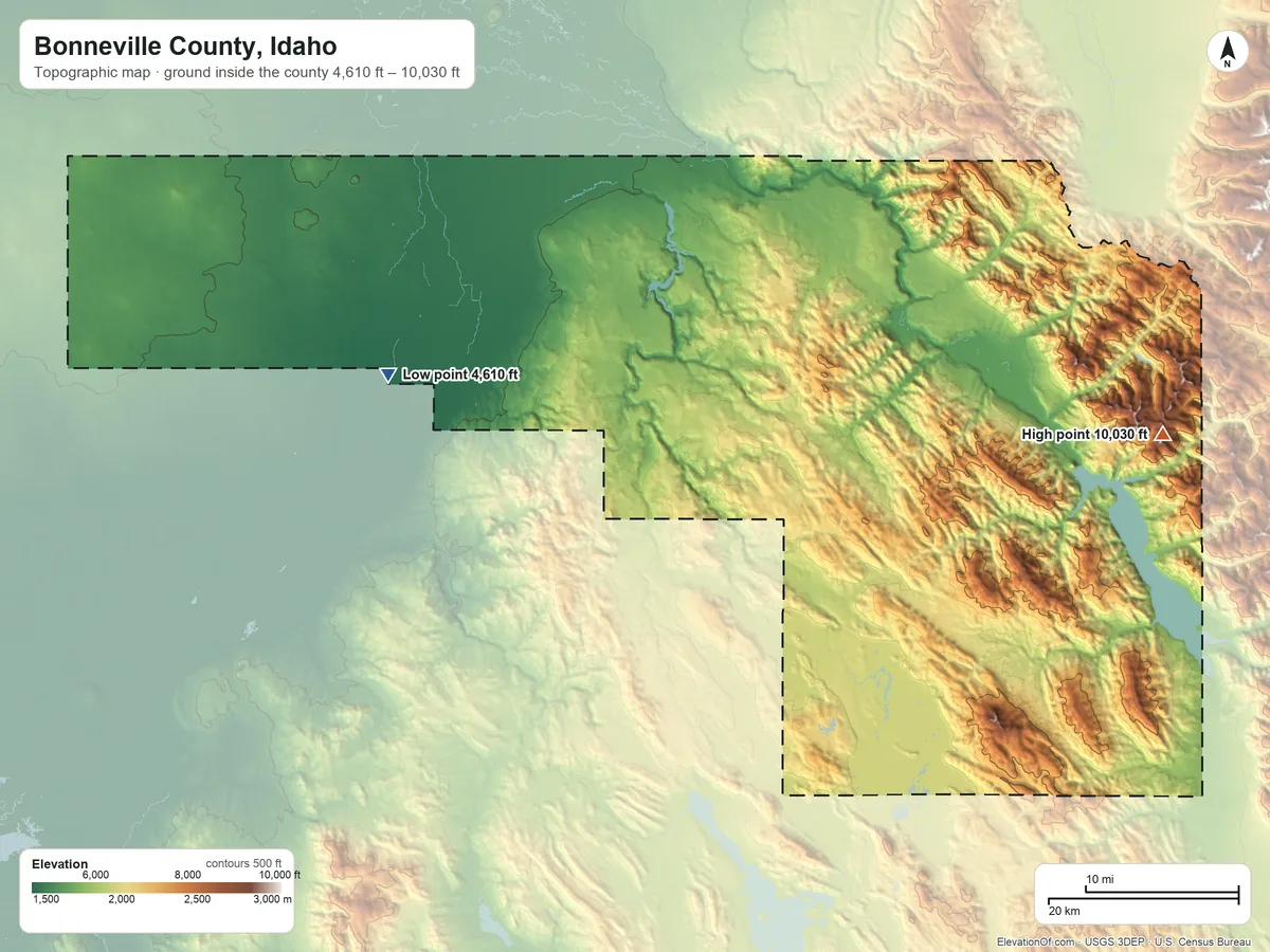Topographic elevation map of Bonneville County, Idaho, shaded from 4,610 ft on the west side to 10,030 ft on Mount Baird