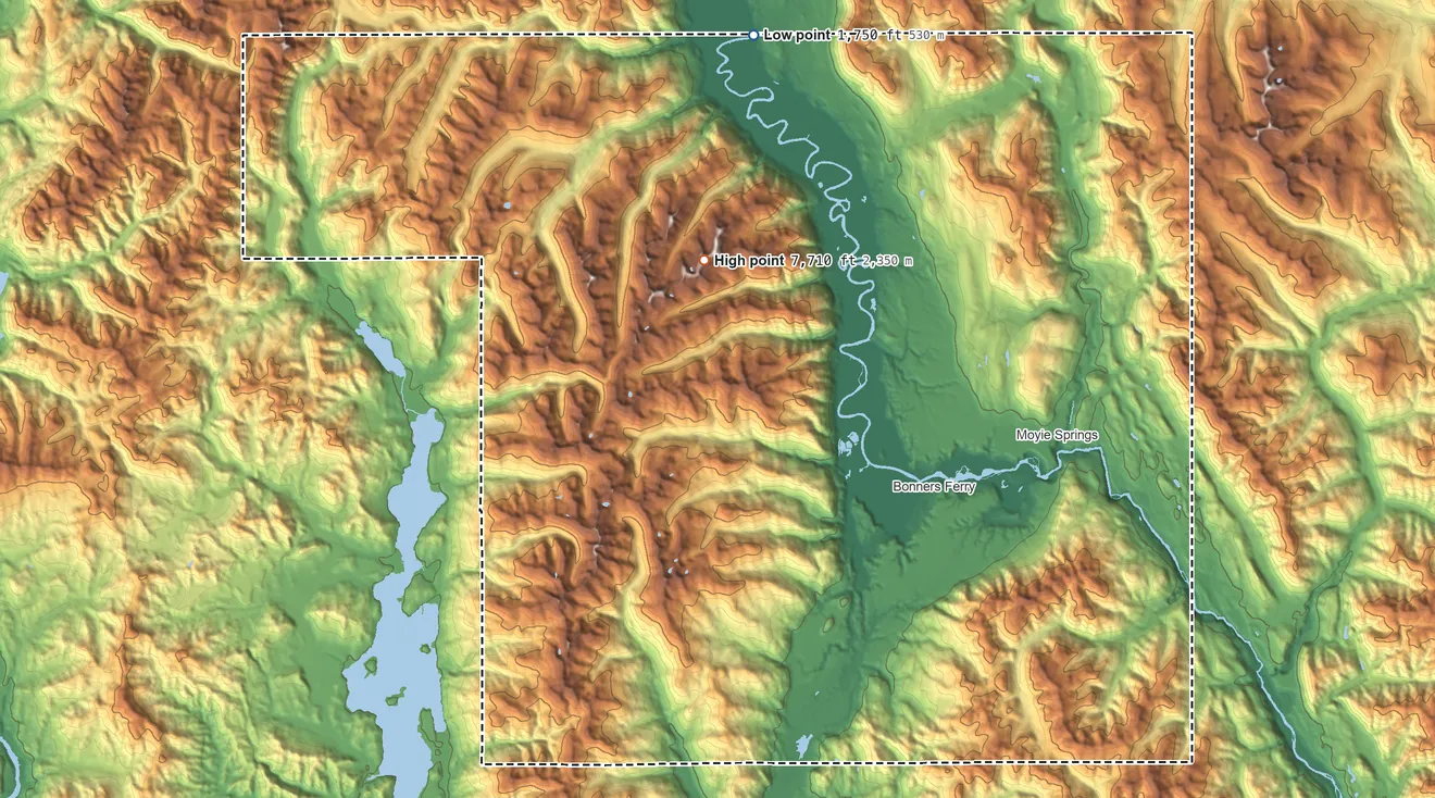 Topographic elevation map of Boundary County, Idaho, shaded from 1,750 ft on the north side to 7,710 ft on Farnham Ridge
