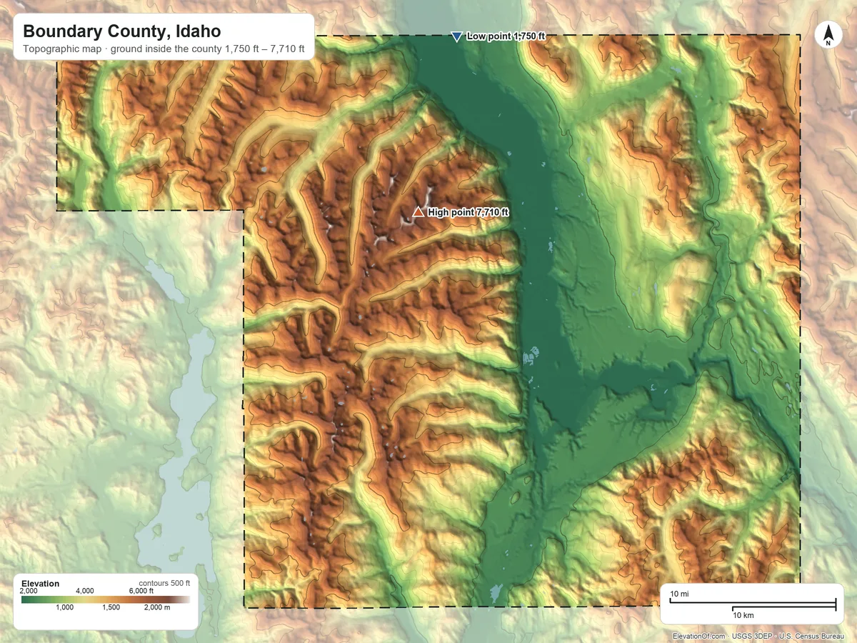 Topographic elevation map of Boundary County, Idaho, shaded from 1,750 ft on the north side to 7,710 ft on Farnham Ridge