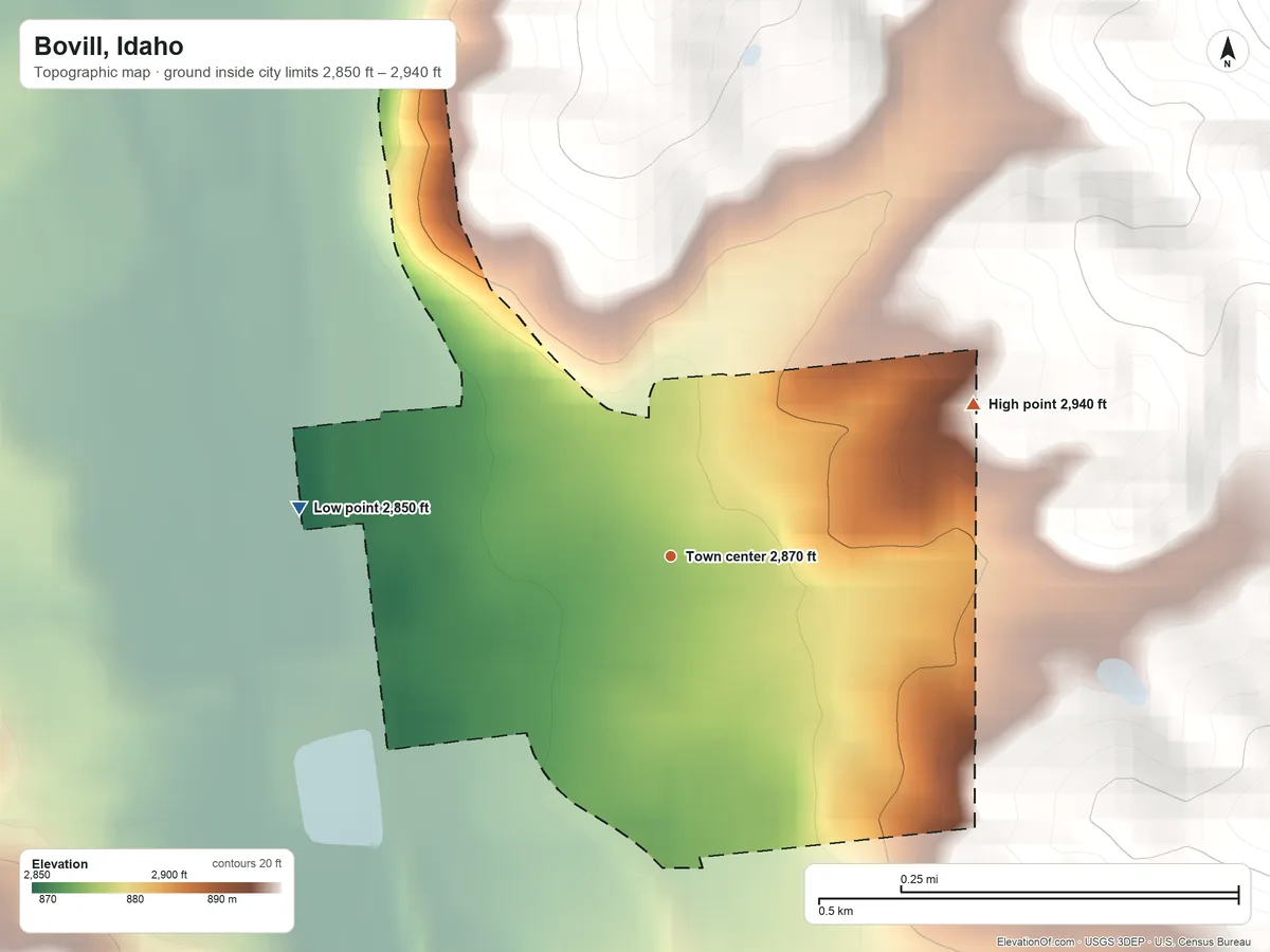 Topographic elevation map of Bovill, Idaho, shaded from 2,850 ft on the west side to 2,940 ft at the foot of the Hoodoo Mountains