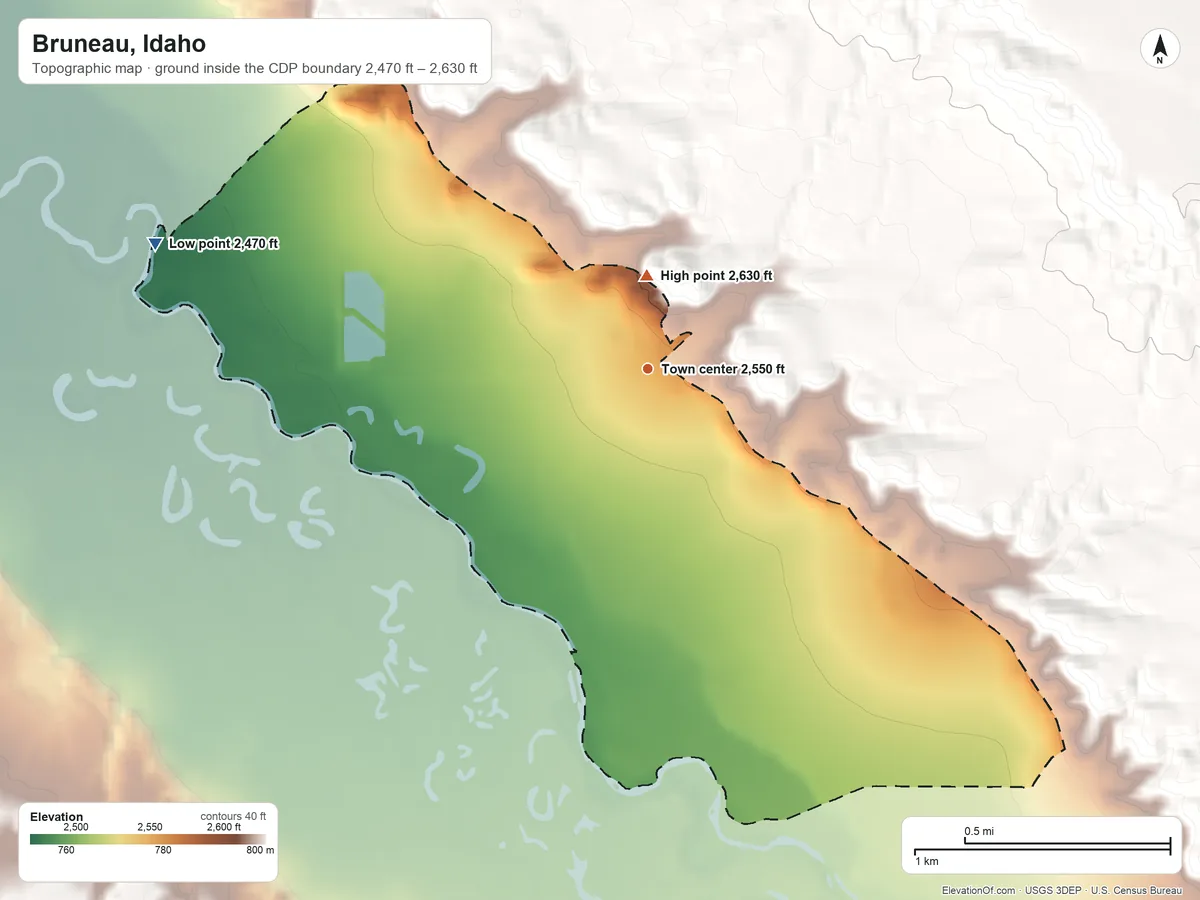 Topographic elevation map of Bruneau, Idaho, shaded from 2,470 ft on the west side to 2,630 ft on the north edge, below higher ground just outside