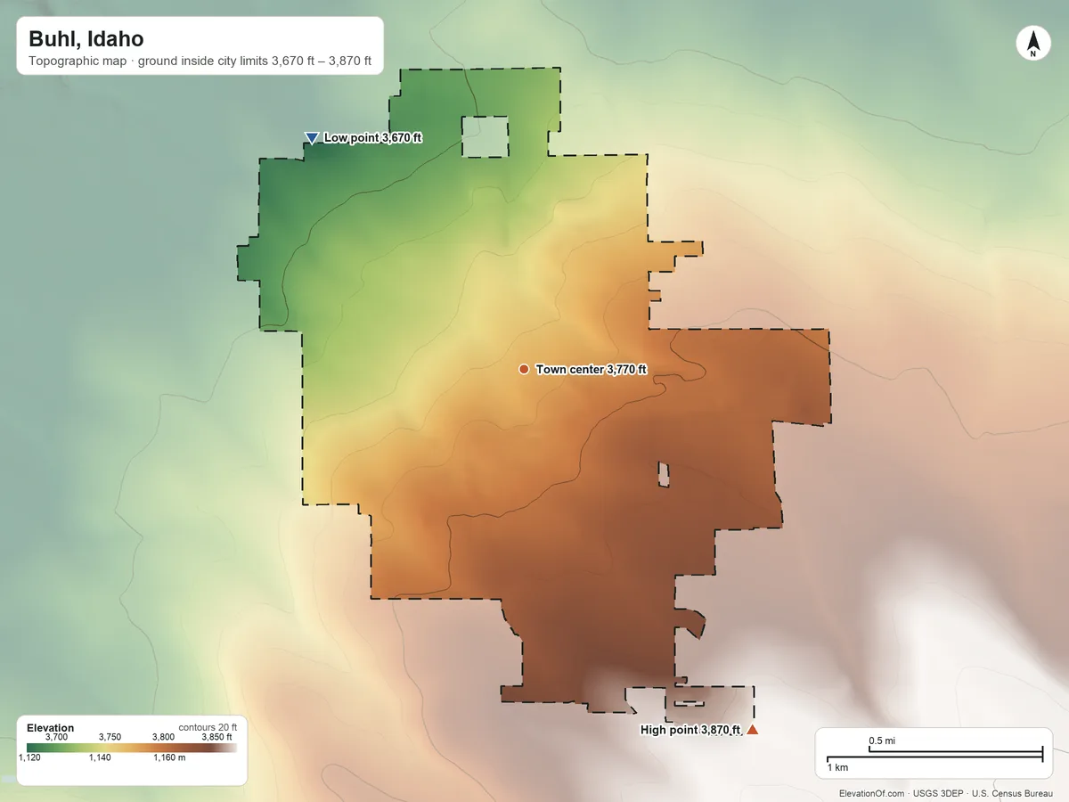Topographic elevation map of Buhl, Idaho, shaded from 3,670 ft on the northwest side to 3,870 ft on the southeast side