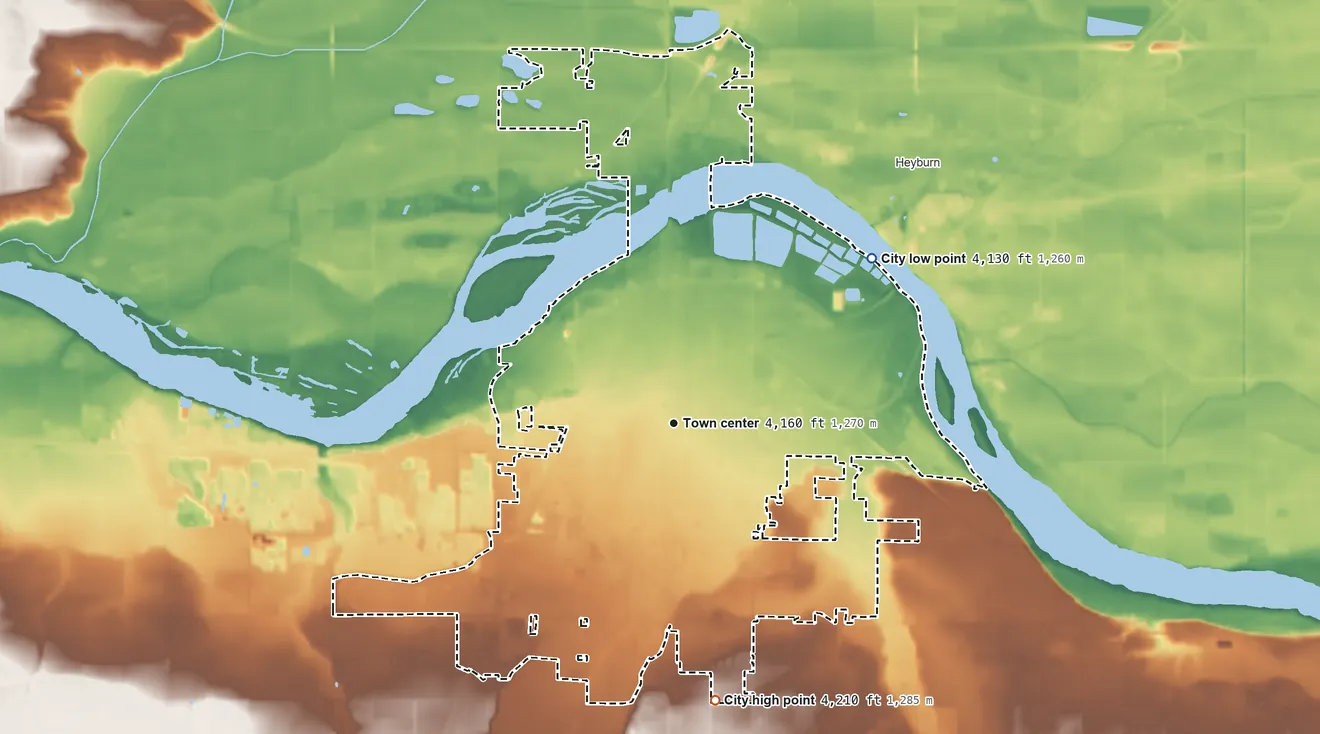 Topographic elevation map of Burley, Idaho, shaded from 4,130 ft on the northeast side to 4,210 ft on the south side