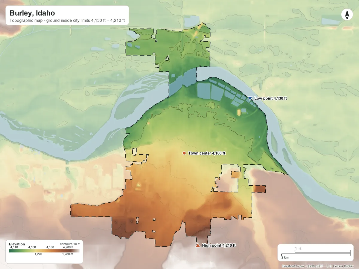Topographic elevation map of Burley, Idaho, shaded from 4,130 ft on the northeast side to 4,210 ft on the south side