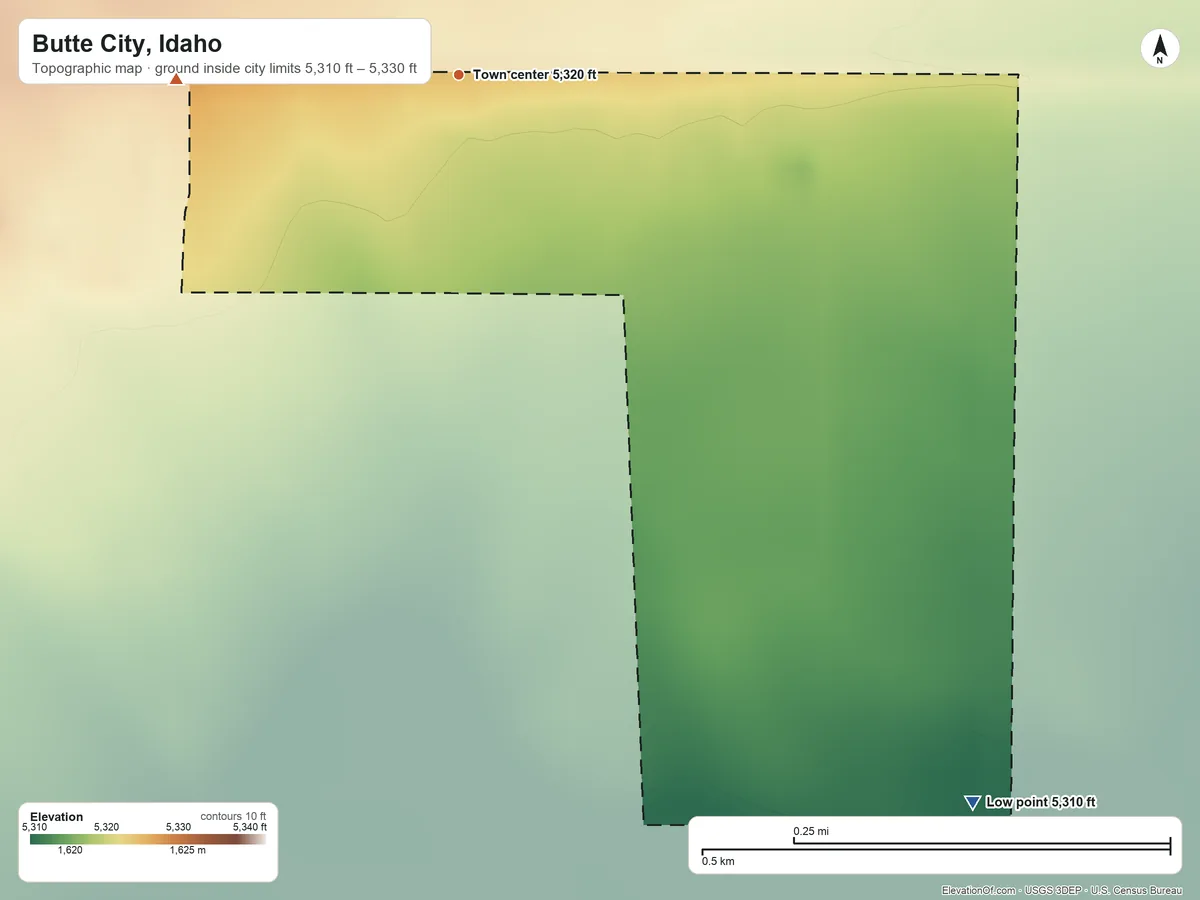 Topographic elevation map of Butte City, Idaho, shaded from 5,310 ft on the southeast side to 5,330 ft at the foot of the Arco Hills