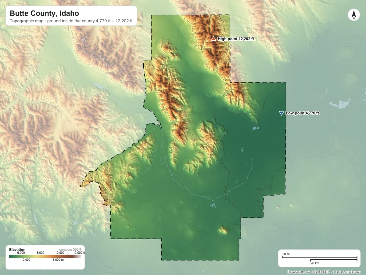 Topographic elevation map of Butte County, Idaho, shaded from 4,770 ft on the east side to 12,202 ft on Diamond Peak