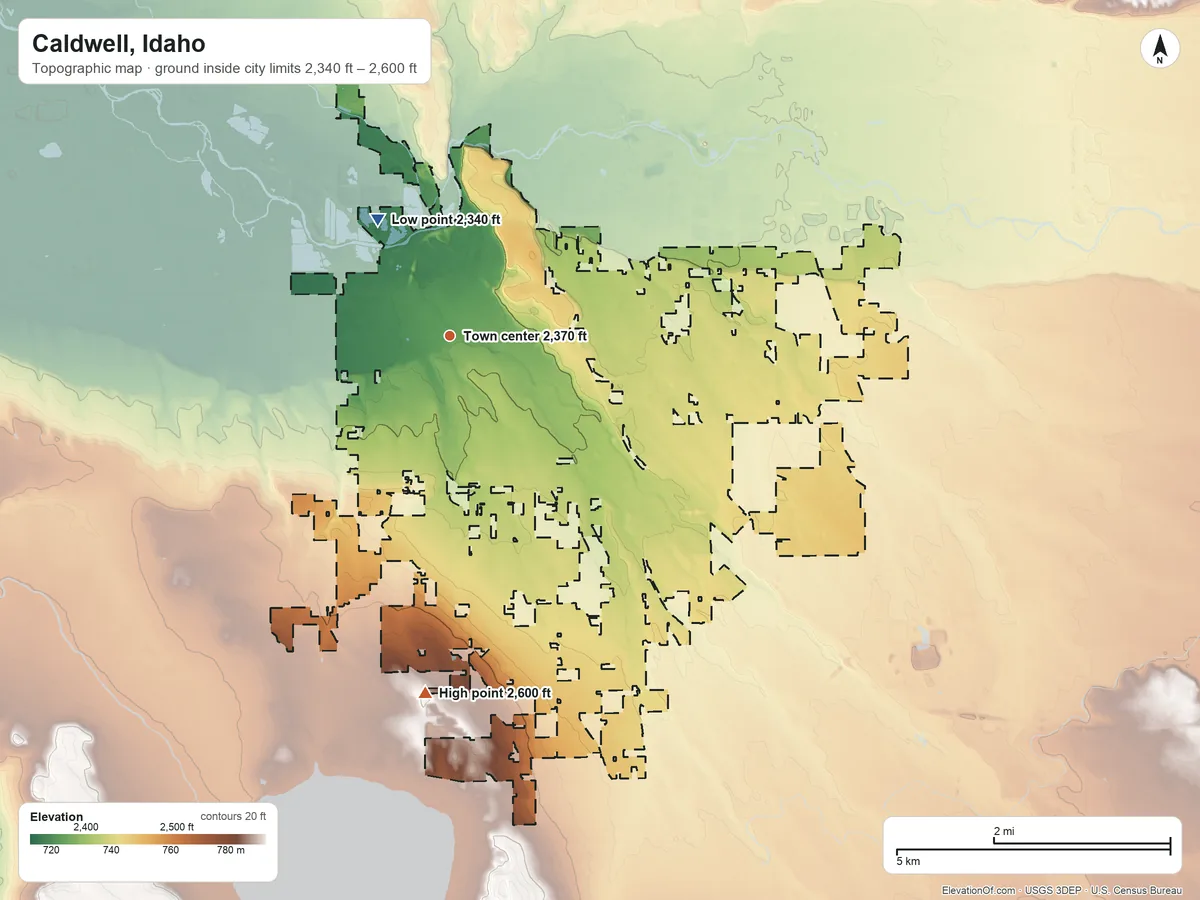 Topographic elevation map of Caldwell, Idaho, shaded from 2,340 ft on the northwest side to 2,600 ft on the south side
