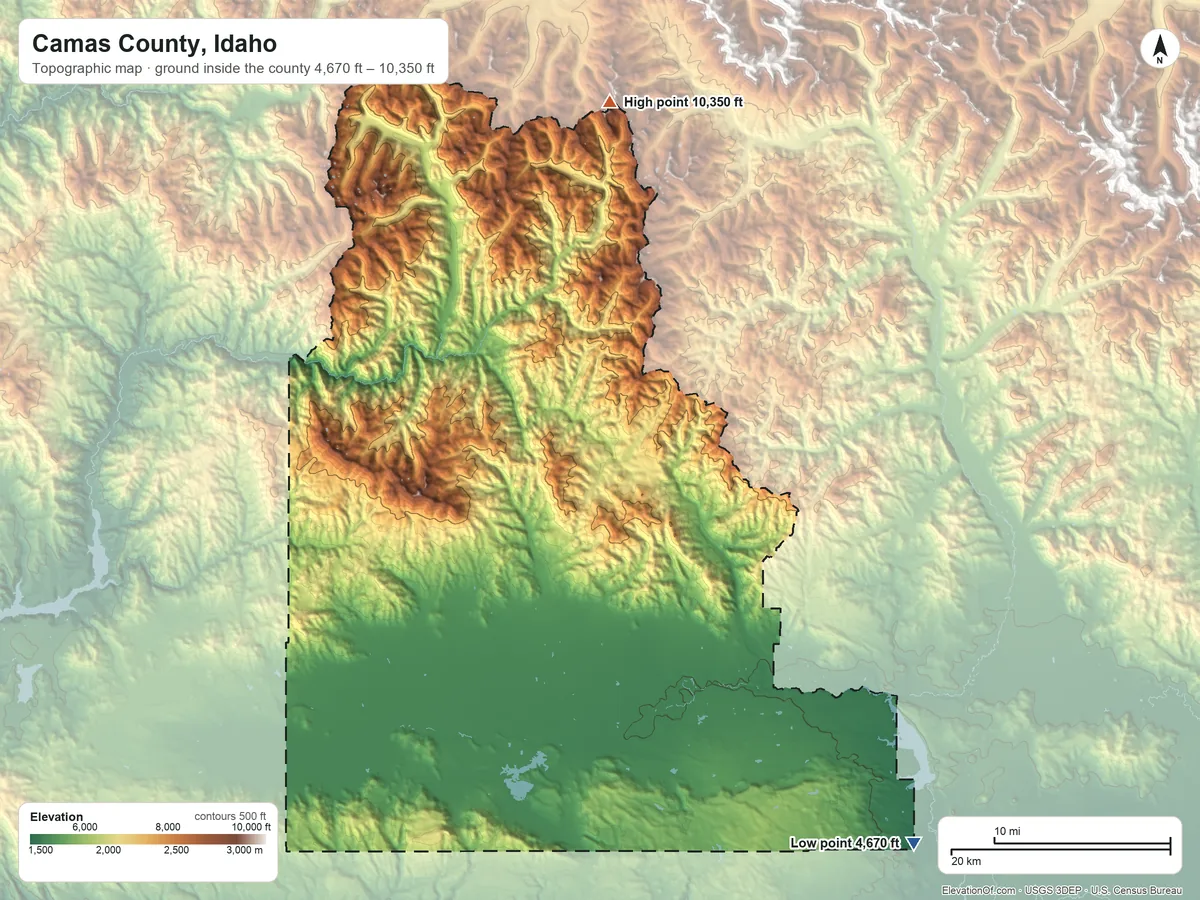 Topographic elevation map of Camas County, Idaho, shaded from 4,670 ft on the southeast side to 10,350 ft on the north side