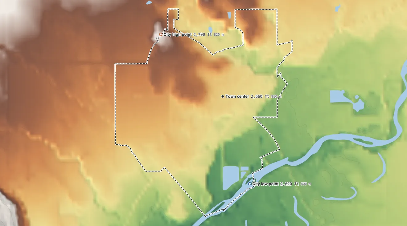 Topographic elevation map of Cambridge, Idaho, shaded from 2,620 ft on the south side to 2,700 ft at the foot of the Hitt Mountains