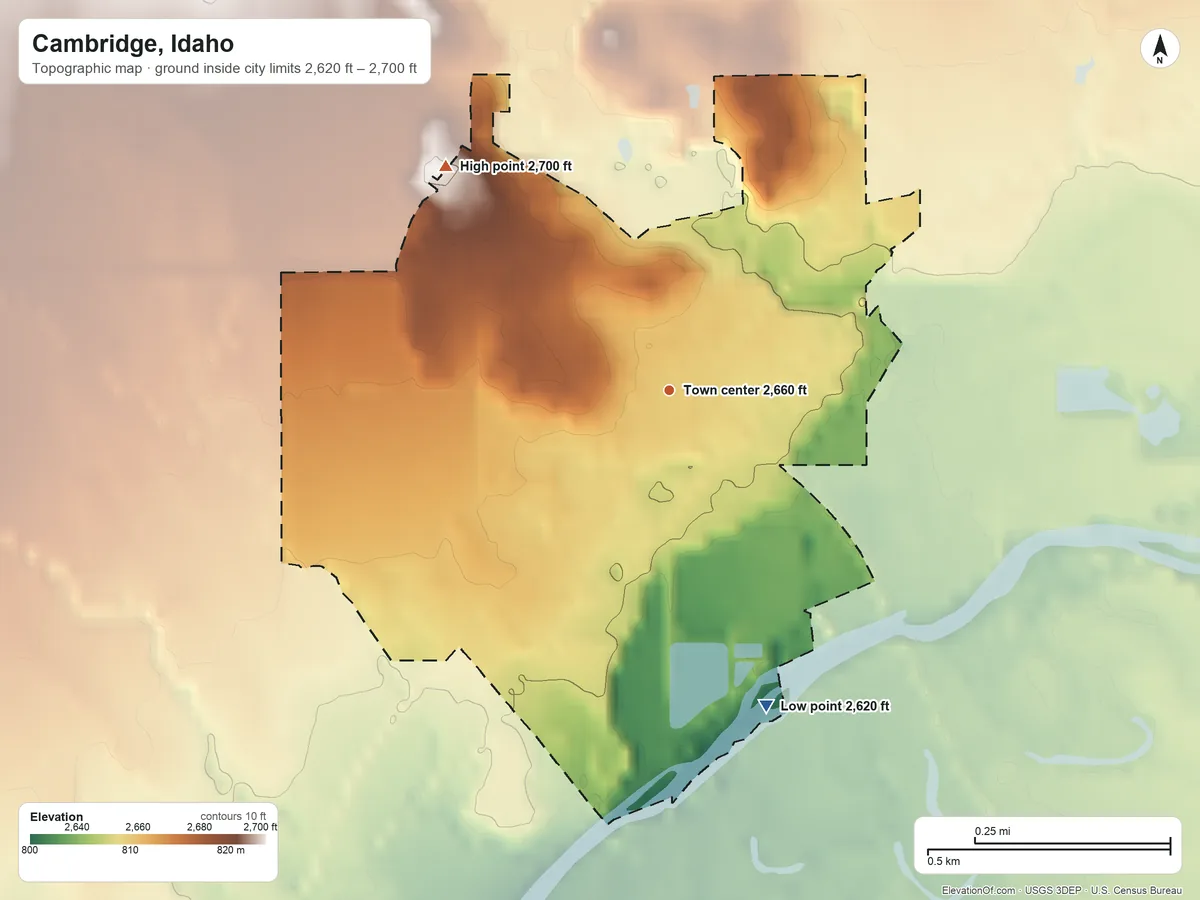 Topographic elevation map of Cambridge, Idaho, shaded from 2,620 ft on the south side to 2,700 ft at the foot of the Hitt Mountains