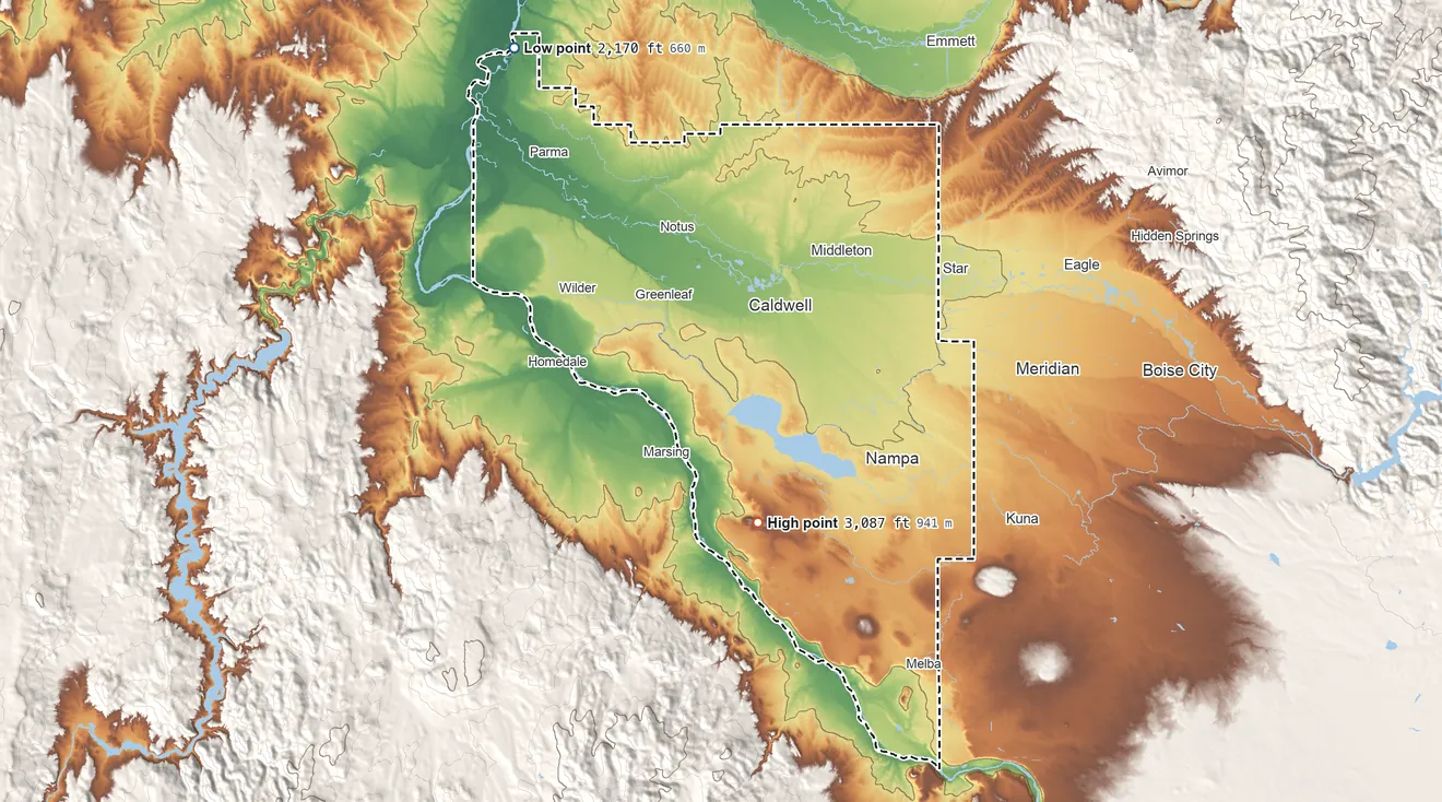 Topographic elevation map of Canyon County, Idaho, shaded from 2,170 ft on the northwest side to 3,087 ft on Pickles Butte
