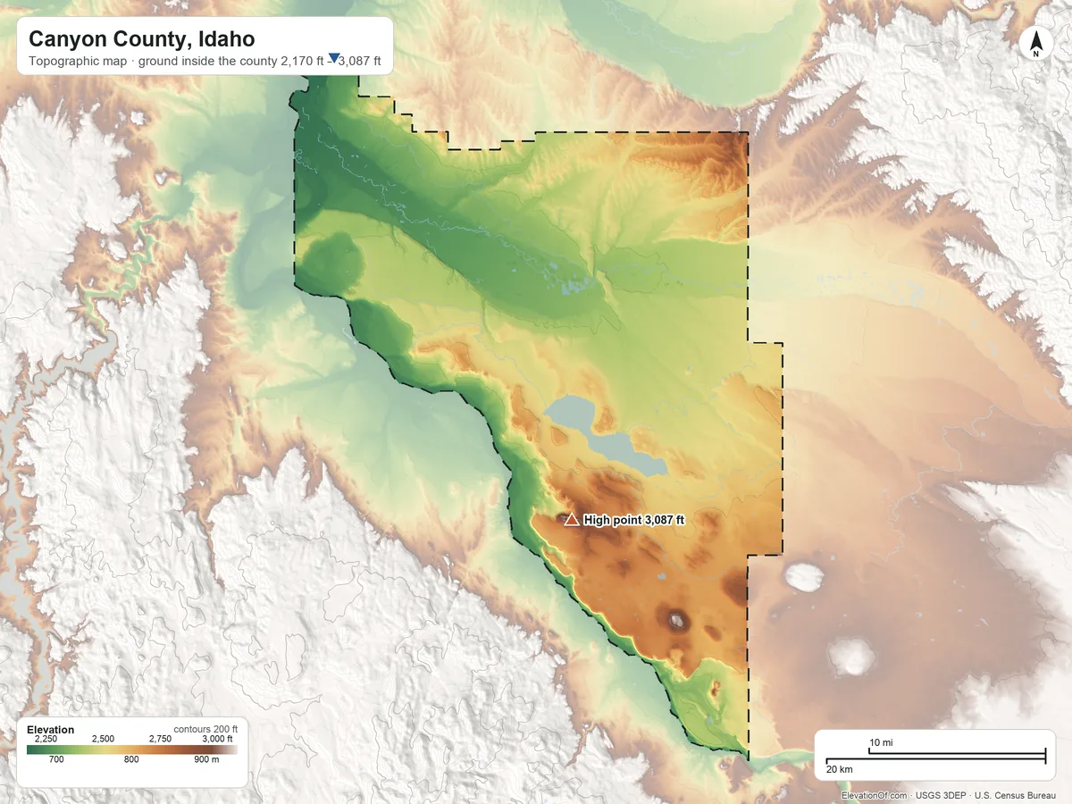 Topographic elevation map of Canyon County, Idaho, shaded from 2,170 ft on the northwest side to 3,087 ft on Pickles Butte